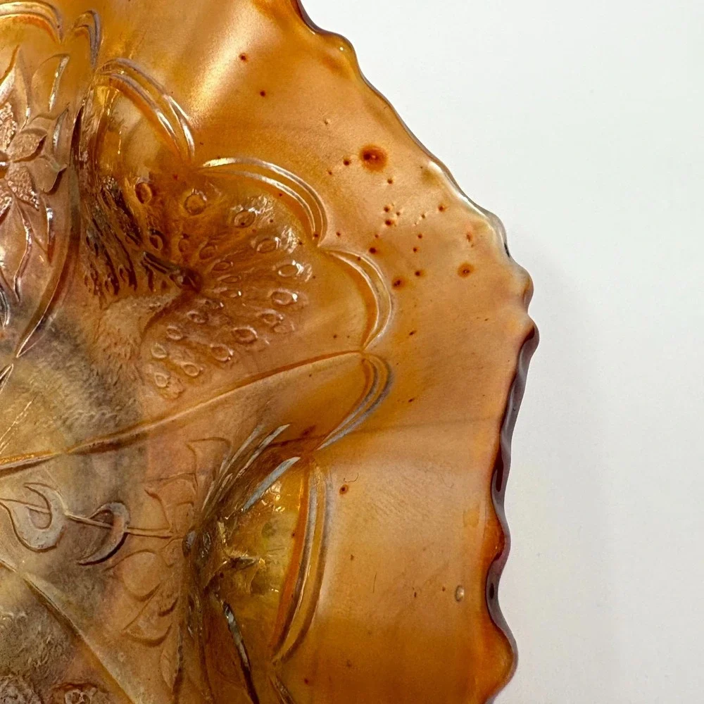 Vintage Marigold Carnival Glass Bowl Ruffle Edge IrIridescent Floral Collectible